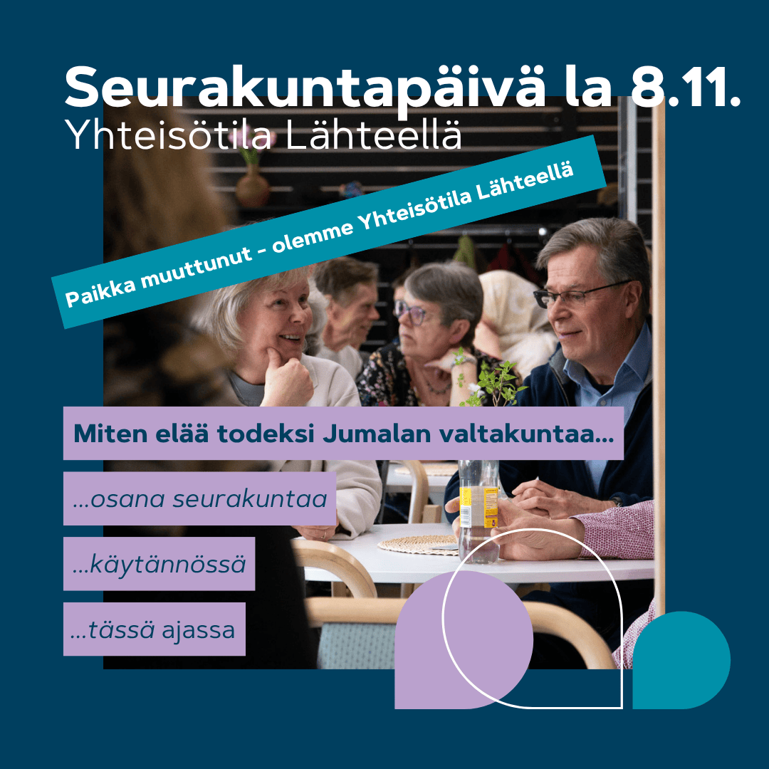 Seurakuntapäivä. Ihmisiä yhdessä pyöreiden pöytien ääressä keskustellen.