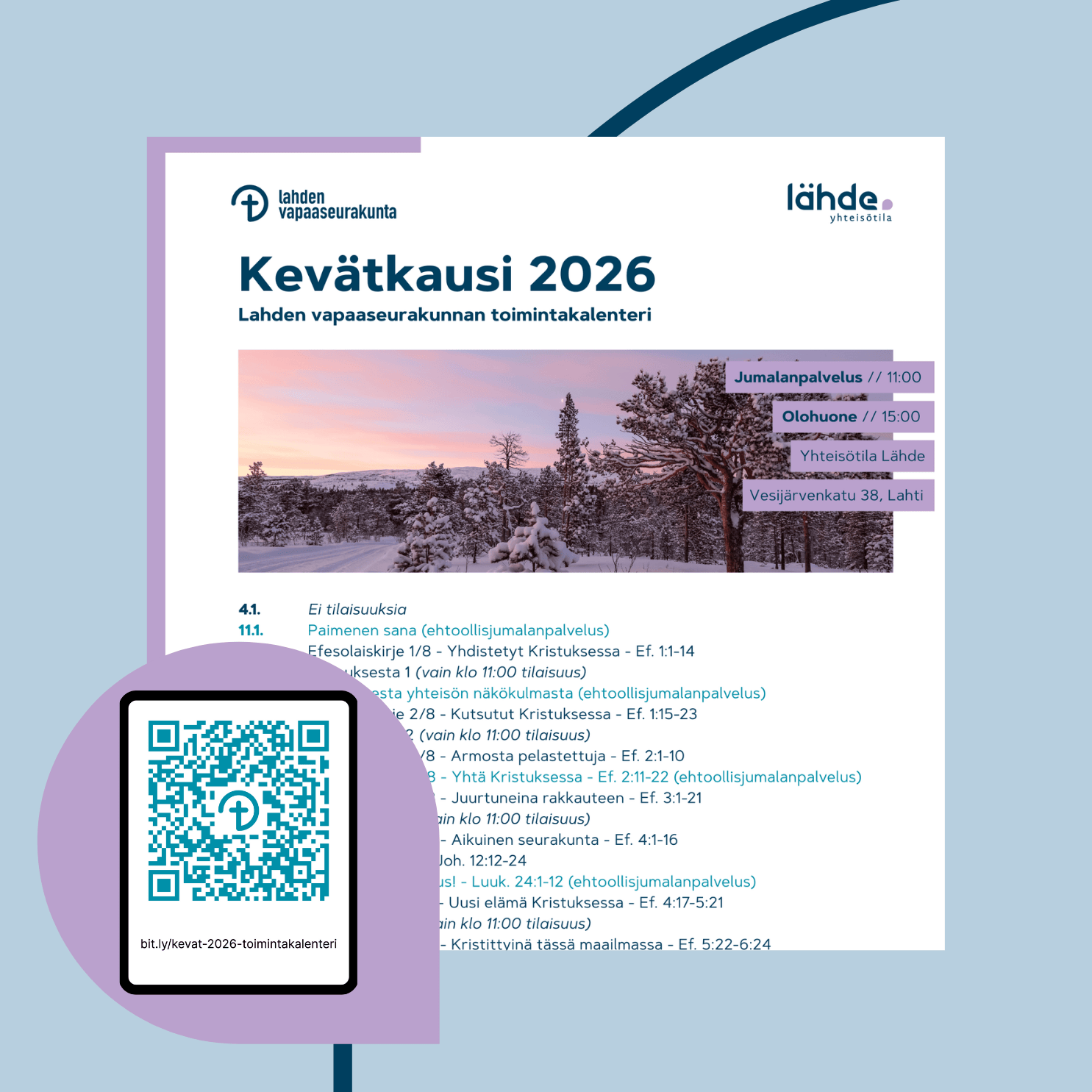 Kevätkauden toimintakalenteri. Talvinen kuulas, luminen maisema, auringon laskun värjäämä taivas.