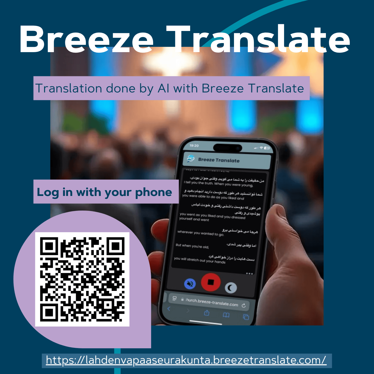 A person using a translation service on the phone during a church service