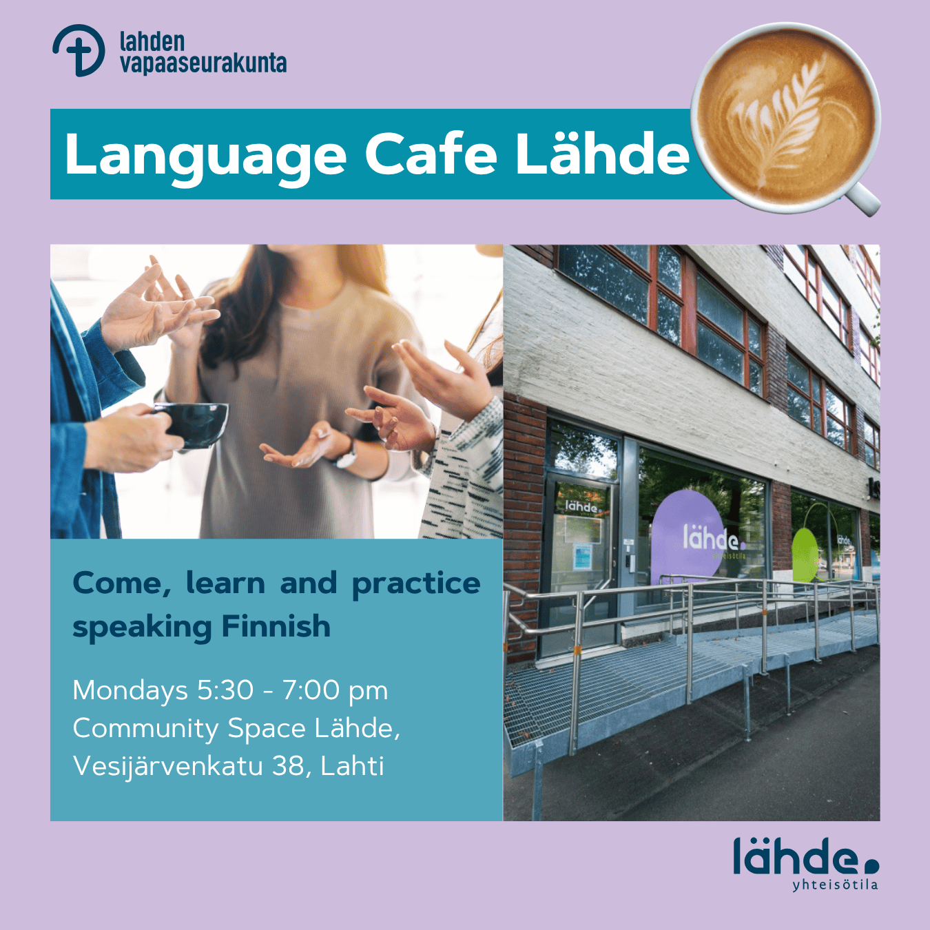 Language Cafe. People with coffee. Community Space.
