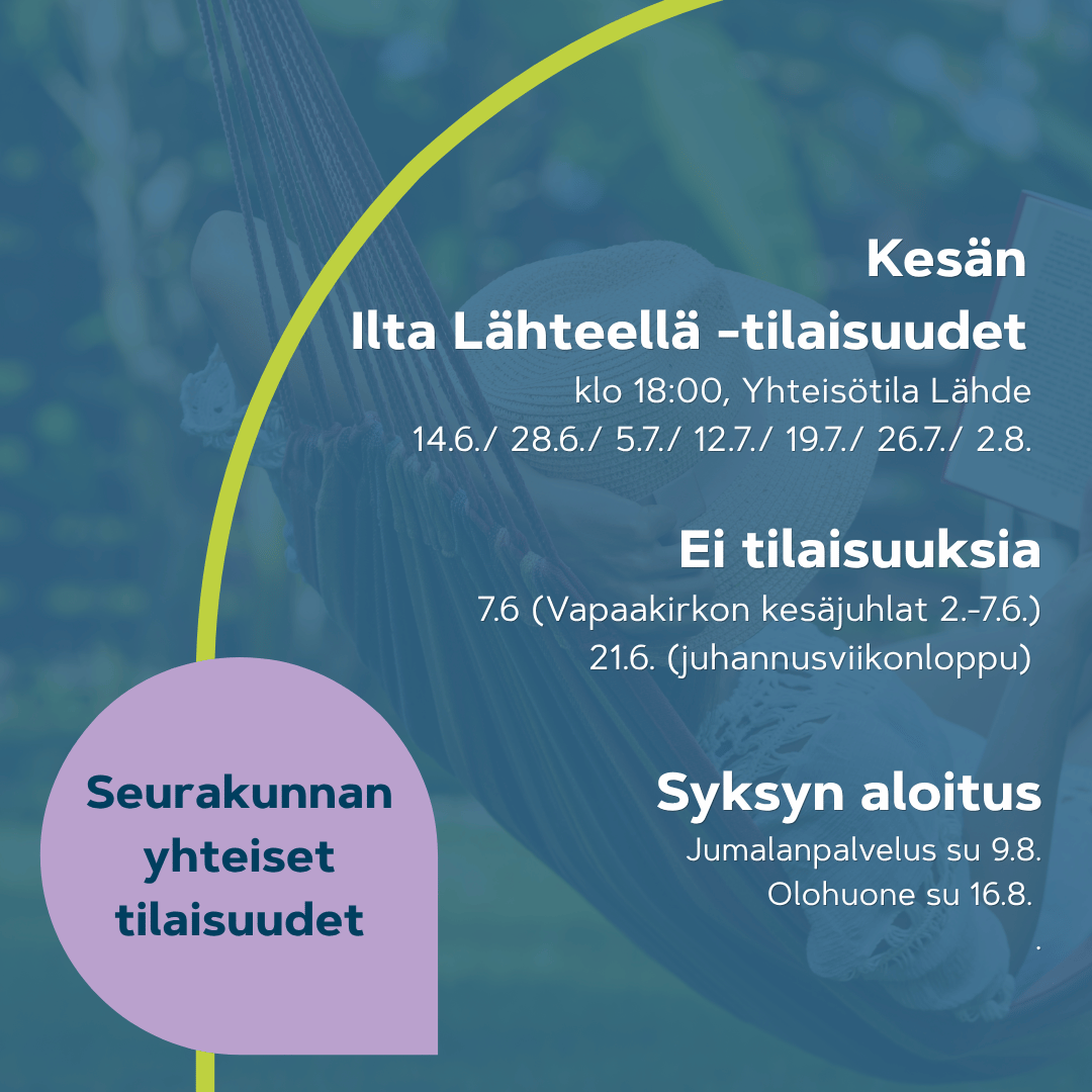 Taustalla riippukeinussa nainen lukee kirjaa. Kesäinen tunnelma.