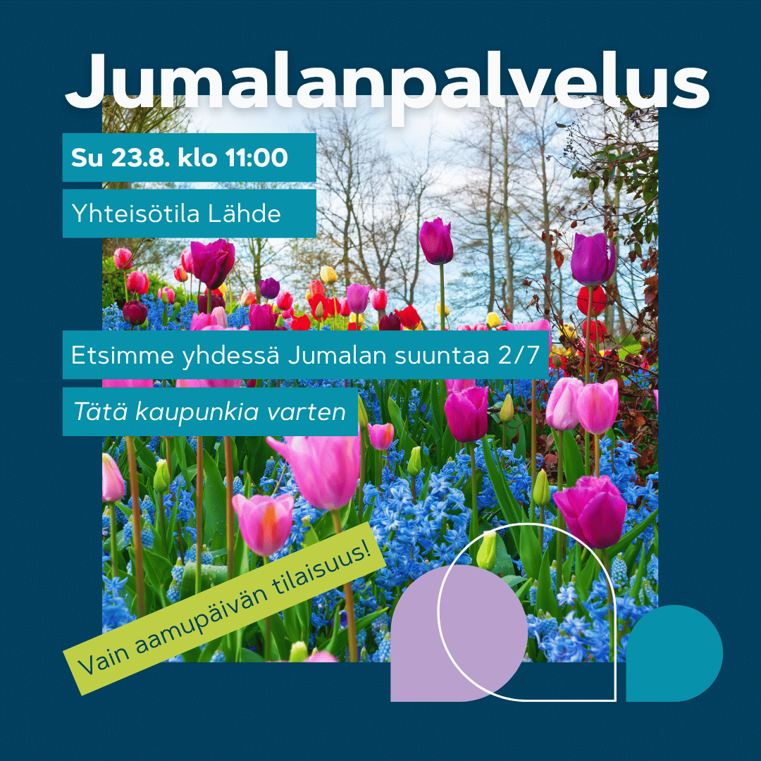 Värikäs kukkaloisto puistossa kesäisessä maisemassa, jossa tulppaanit ja siniset kukat symboloivat kaupunkia ja uutta elämää.