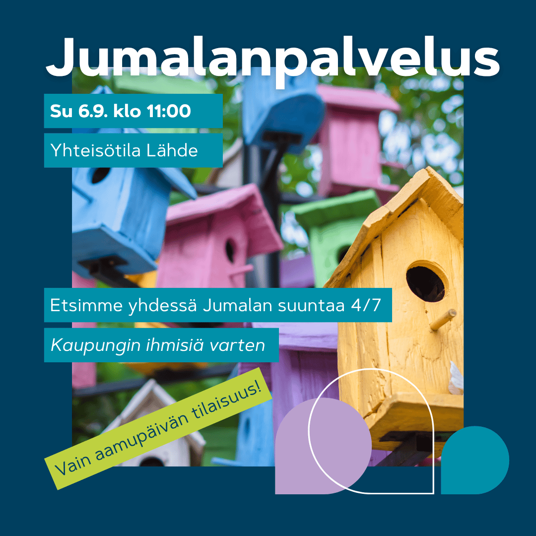 Erivärisiä linnunpönttöjä rinnakkain puiden keskellä, symboloimassa yhteisöä, kaupunkia ja sen ihmisiä.