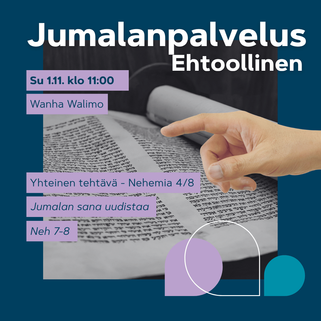 Käsi osoittaa avointa kirjakääröä, kuvastaen Jumalan sanan tutkimista, opetusta ja uudistavaa voimaa.