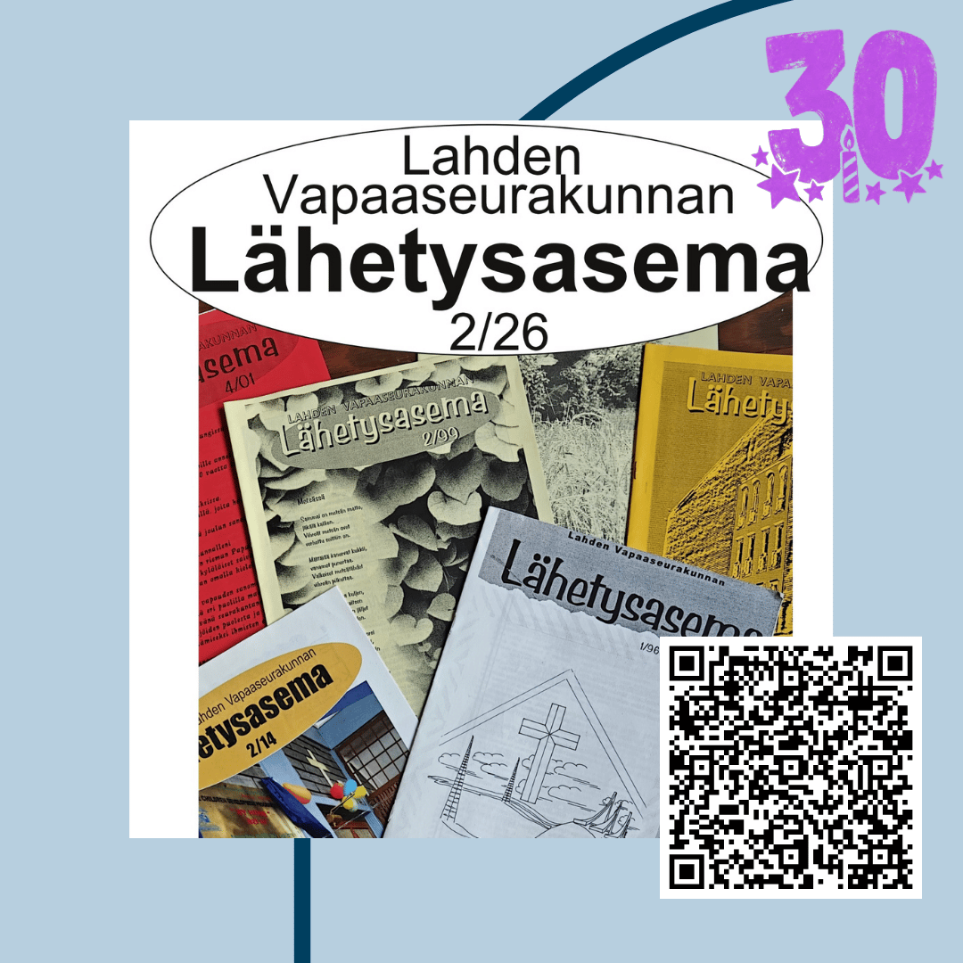 Uusi Lähetysasema. Kannessa vanhoja Lähetysasema-lehtiä. Lehteä on julkaistu jo 30 vuotta!