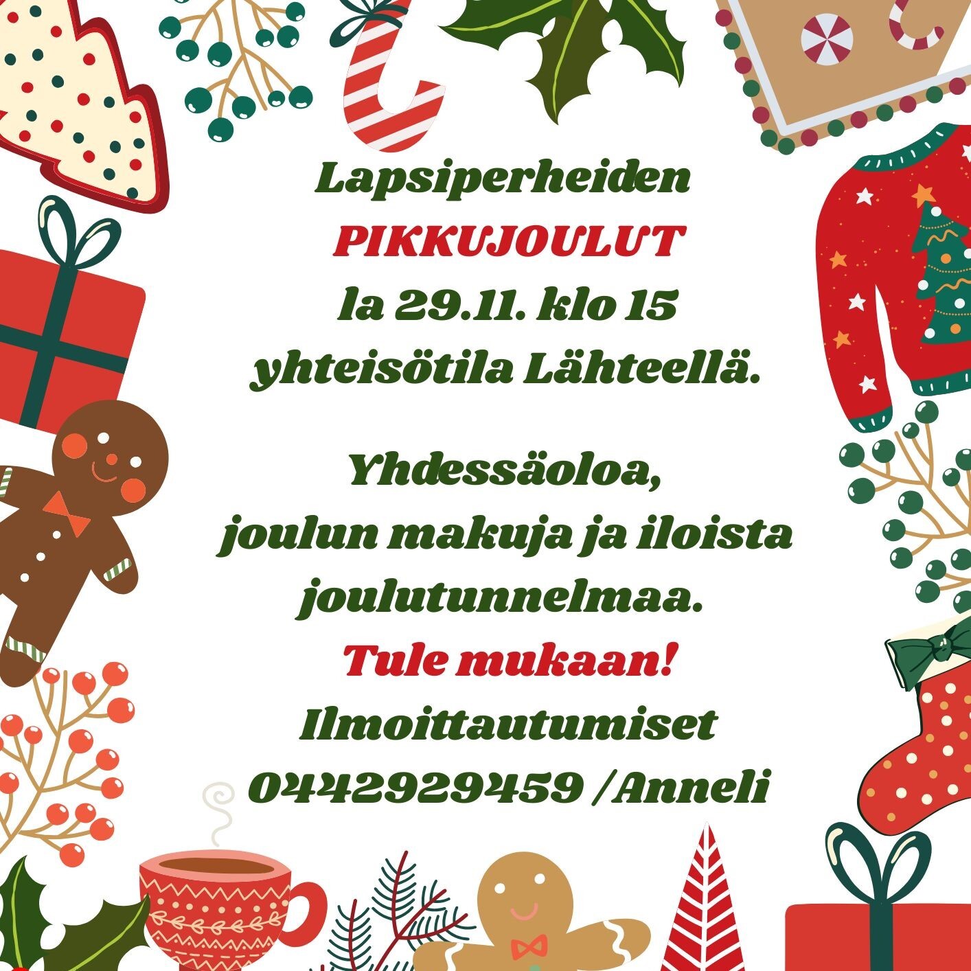 jouluinen kuva, pipareita, lahjapaketteja, koristeita