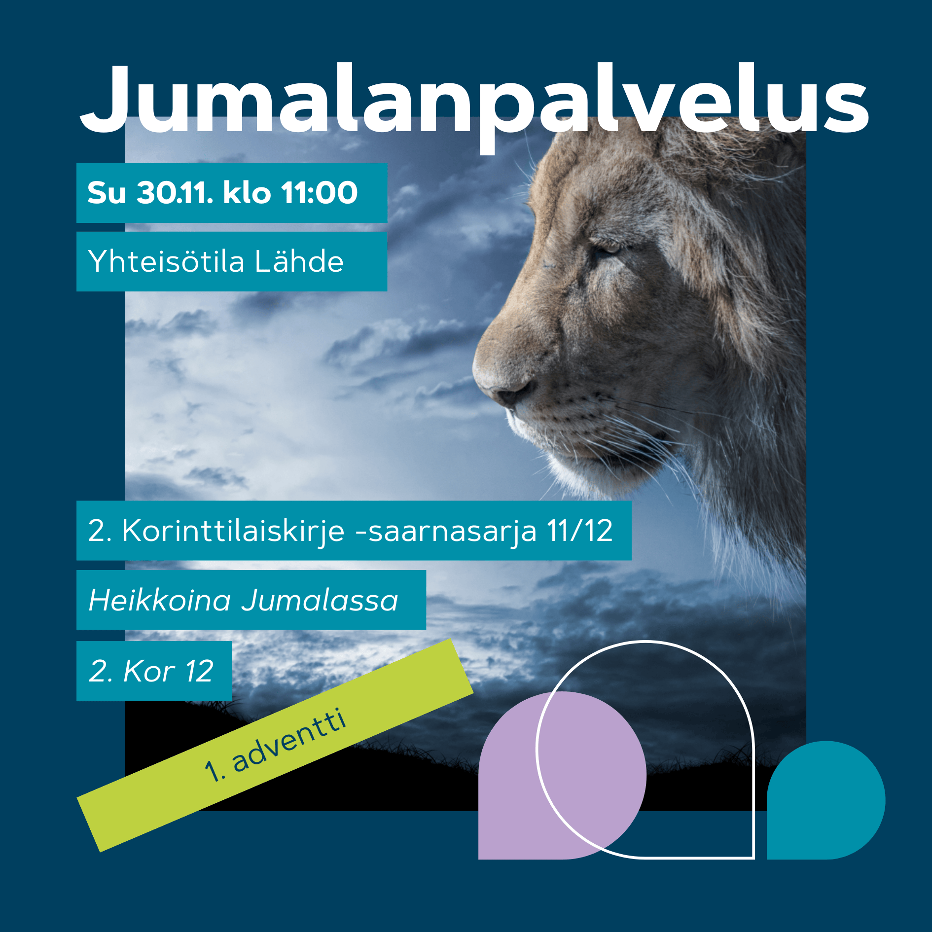 Jumalanpalvelus 30.11. klo 11. Leijonan profiili myrskyisten pilvien yllä; voimakas, majesteettinen symboli.