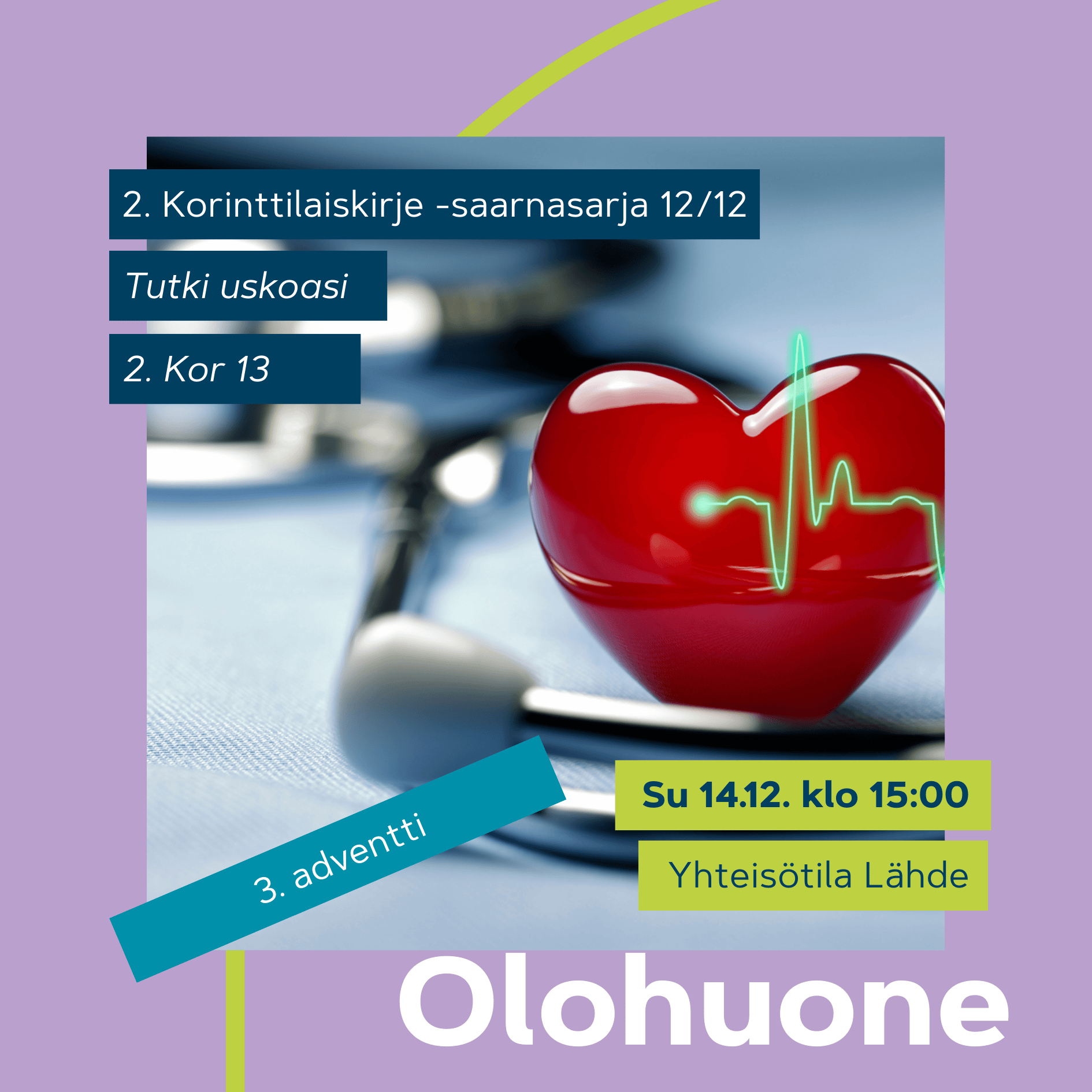 Olohuone 14.12. klo 15. Punainen sydän ja stetoskooppi, sydänkäyrä piirtyy sydämen pintaan; sydämen tutkimiseen viittaava kuva.