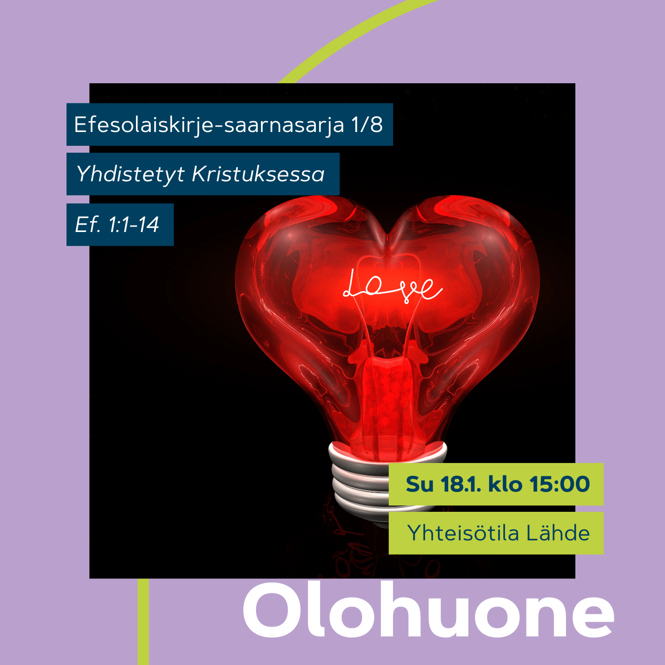 Olohuone 18.1. klo 15. Punainen sydänlamppu mustalla taustalla.