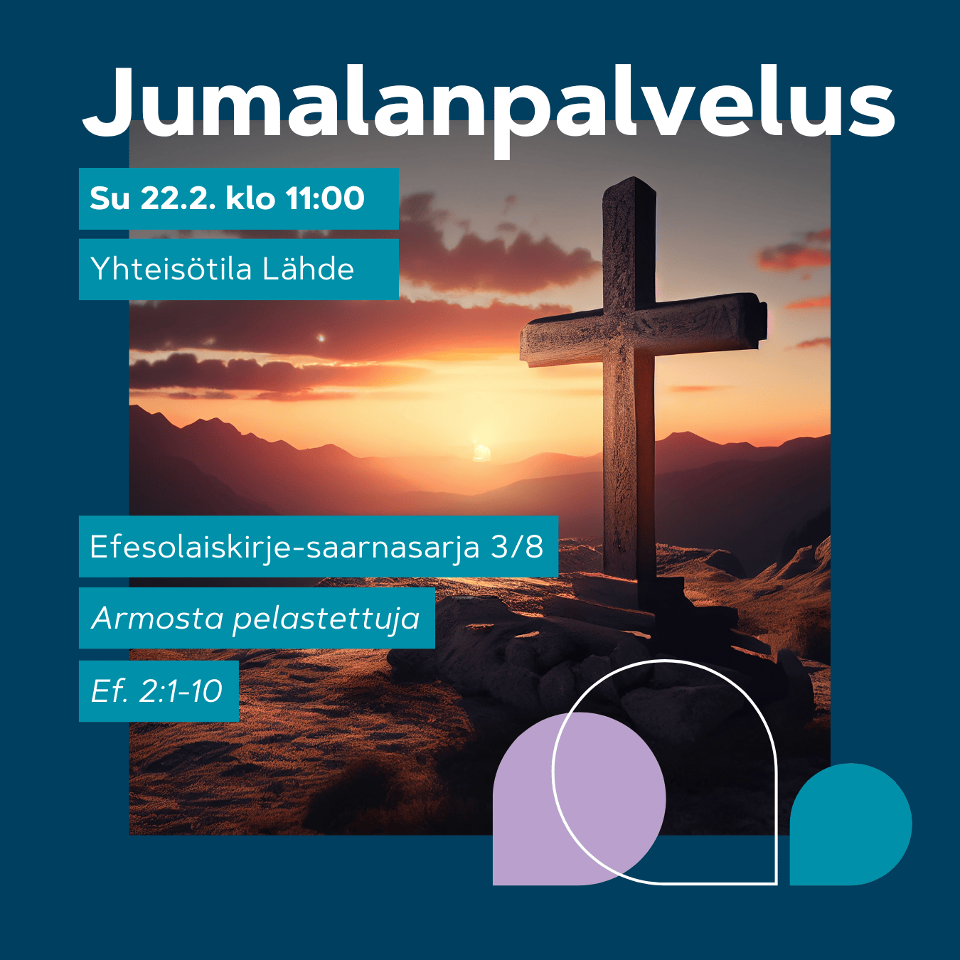 Jumalanpalvelus 22.2. klo 11. Puinen risti auringonlaskussa.