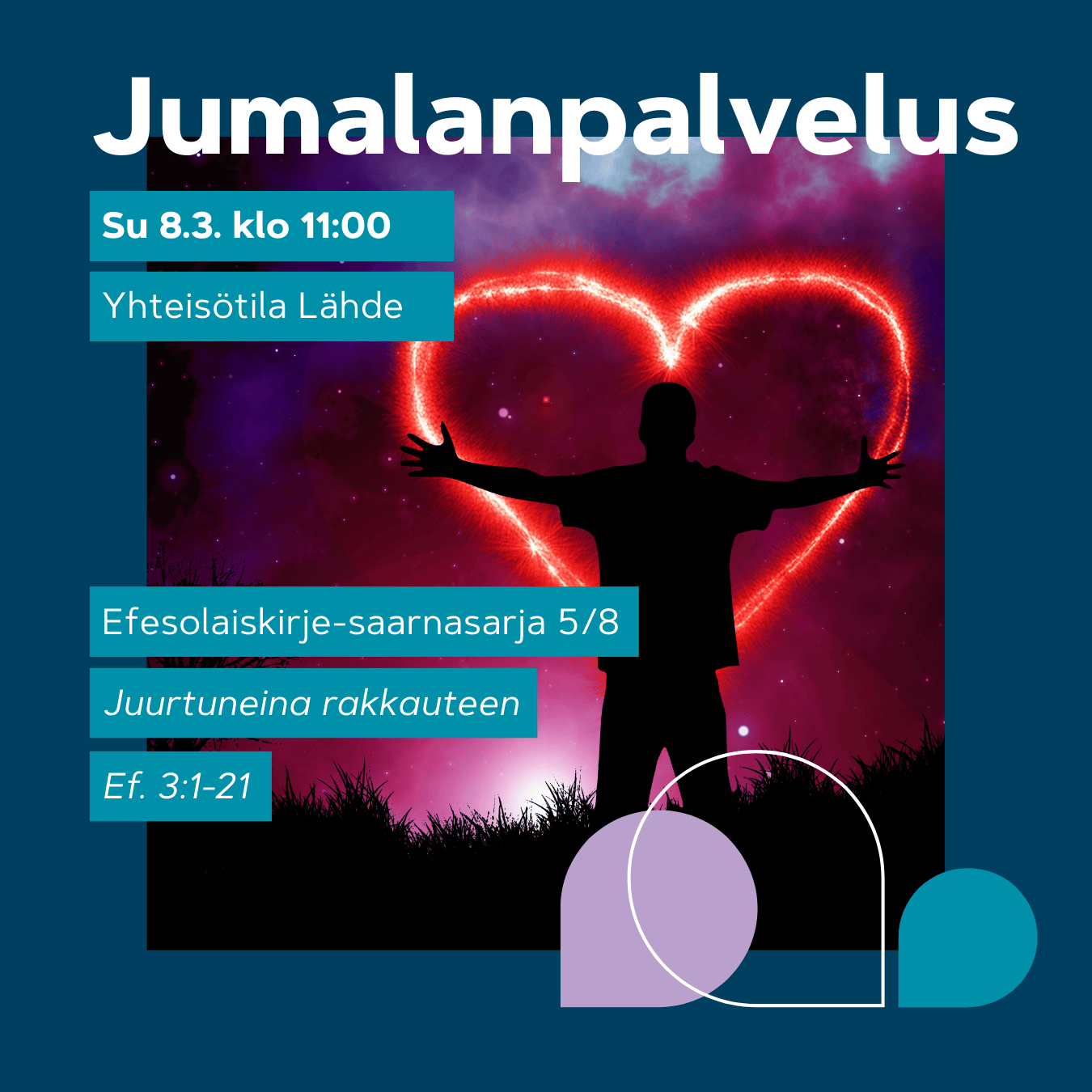 Jumalanpalvelus 8.3. klo 11. Siluetti sydänvalon edessä