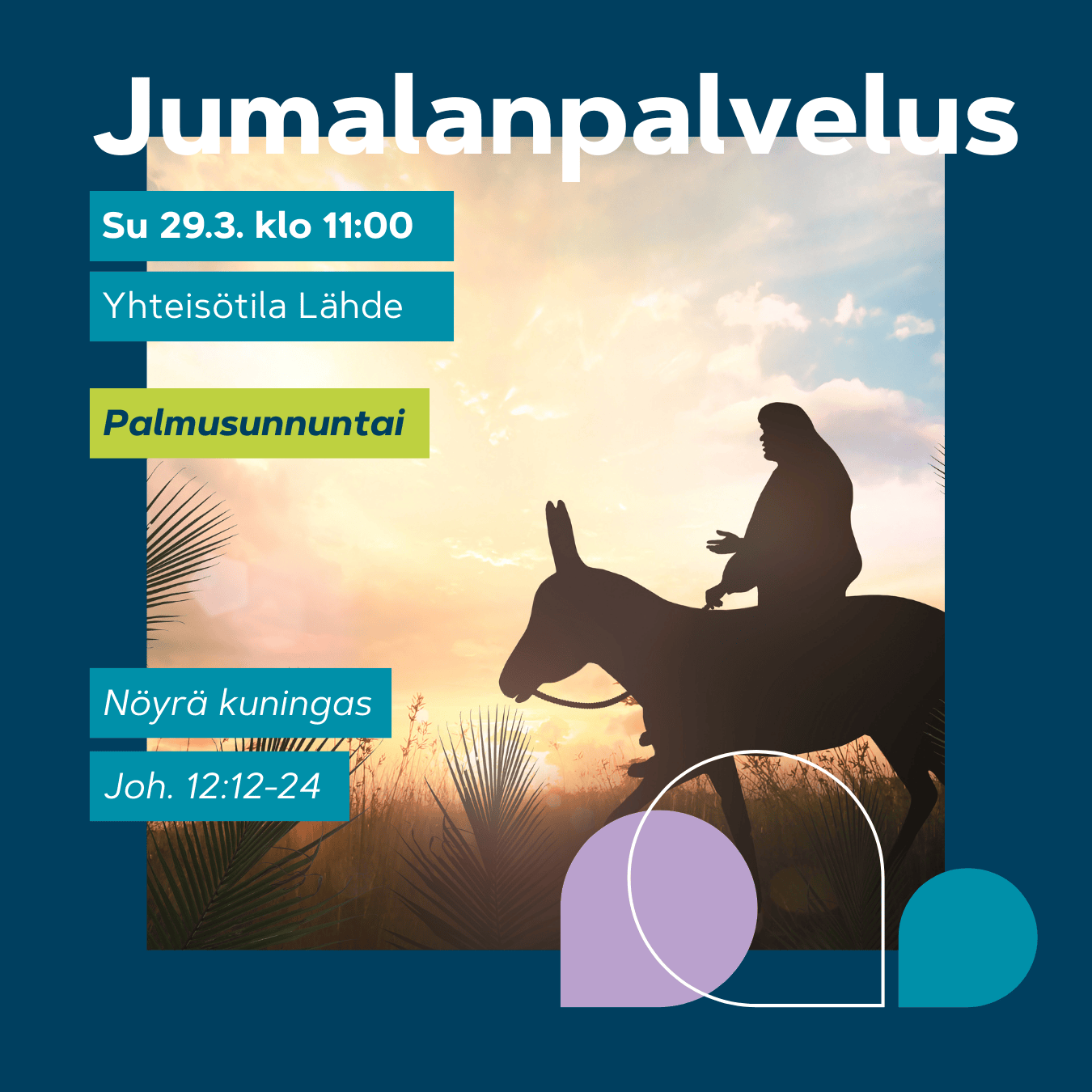 Jumalanpalvelus 29.3. klo 11. Aasi ja ratsastaja siluettina auringossa.