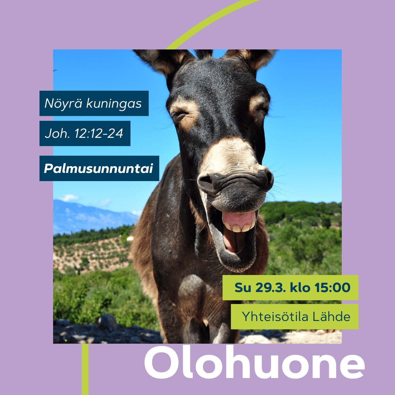 Olohuone 29.3. klo 15. Naurava aasi, taustalla kukkulaa ja sinitaivas.