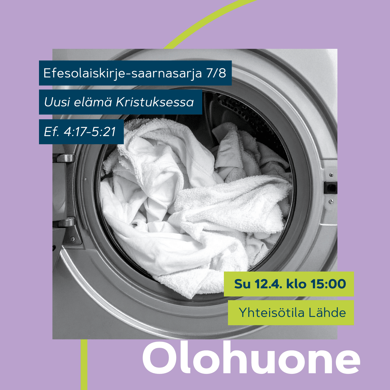 Olohuone 12.4. klo 15. Valkoiseksi pestyä pyykkiä pesukoneen rummussa.